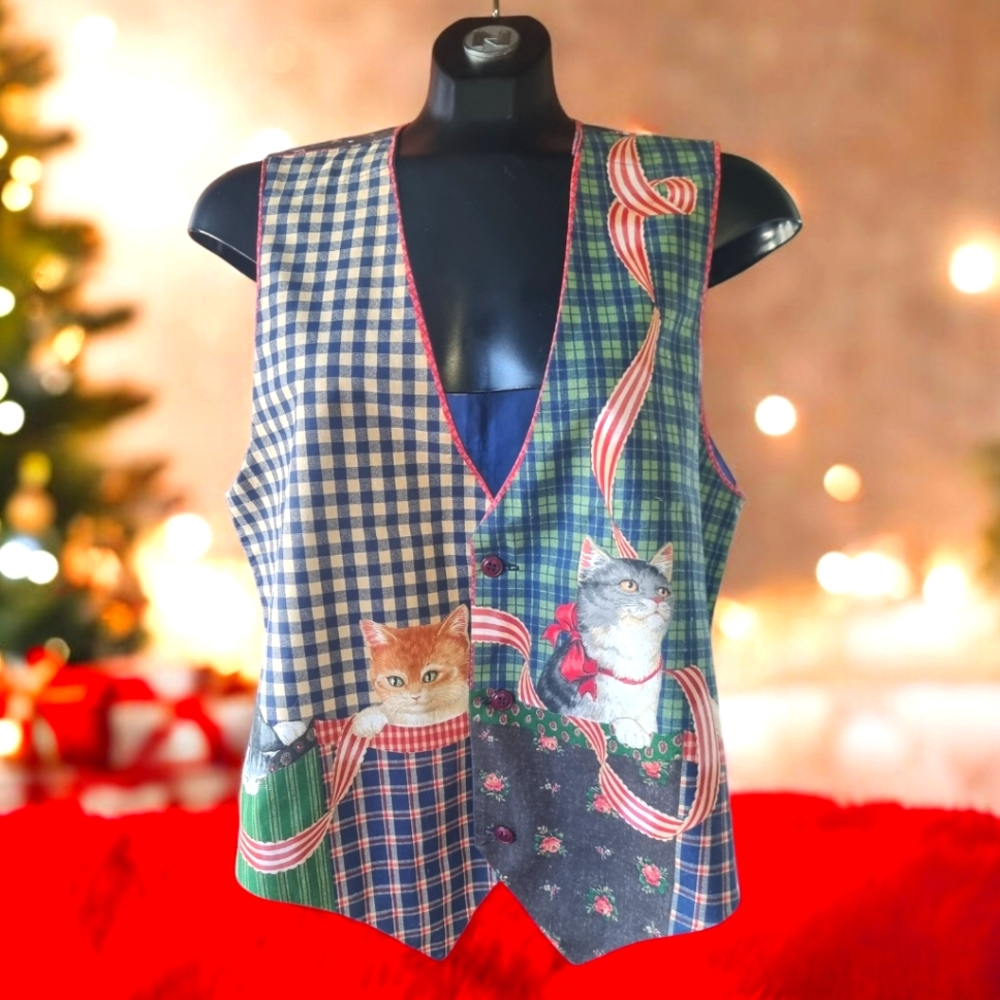 Vintage Cats & Ribbon Multi-Patterned Plaid Cute Checkered Christmas Vest 🎄😻🐾